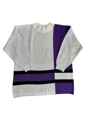 Shenanigans Women's VTG 80s Metallic Knit Sweater Purple Grey Color Block M,